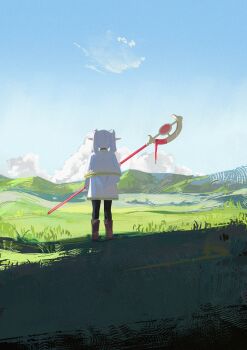 1girl absurdres black_pantyhose blue_sky boots brown_boots capelet dress elf field frieren from_behind highres holding holding_staff koukouya mountain pantyhose pointy_ears scenery sky solo sousou_no_frieren staff twintails white_capelet white_dress white_hair