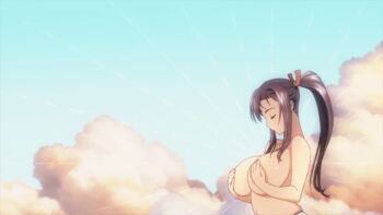 1girl amaya_haruko animated animated_gif ass black_hair breasts cloud cloudy_sky covering_breasts covering_privates hands_on_own_chest large_breasts long_hair maken-ki! maken-ki!_two no_bra panties ponytail sky solo topless_female underwear white_panties