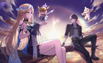 1boy 1girl abby_(wuthering_waves) absurdres bare_shoulders black_boots black_collar black_dress black_gloves black_hair black_jacket black_pants blonde_hair blue_eyes boots bubble99 cartethyia_(wuthering_waves) collar collared_jacket commentary crown_of_thorns dress earrings gloves grey_shirt highres jacket jewelry long_hair male_rover_(wuthering_waves) necklace on_branch open_clothes open_jacket outdoors pants pointy_ears rover_(wuthering_waves) shirt sidelocks sitting sleeves_rolled_up sock_puppet tabard tacet_mark_(wuthering_waves) thighs very_long_hair white_tabard wuthering_waves