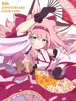 Rule 34 | 1girl, absurdres, aian stainless, animal ears, arm up, armpits, artificial flower, azur lane, bare shoulders, black gloves, bow, commentary request, detached sleeves, folding fan, fox ears, fox girl, gloves, green eyes, hair ornament, hairband, hanazuki (azur lane), hand fan, highres, japanese clothes, kimono, light blush, light smile, long hair, long sleeves, pink bow, pink hair, pink hairband, pink kimono, simple background, skirt, solo, white background, wide sleeves