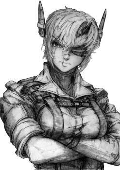 Rule 34 | 1girl, alternate costume, breasts, cosplay, crossed arms, eyepatch, female focus, gloves, graphite (medium), greyscale, headgear, horns, imizu (nitro unknown), kantai collection, metal gear (series), metal gear solid v: the phantom pain, monochrome, scar, scar across eye, scar on face, scar on mouth, scarf, scarf over mouth, short hair, single horn, solo, tenryuu (kancolle), traditional media, venom snake, venom snake (cosplay)
