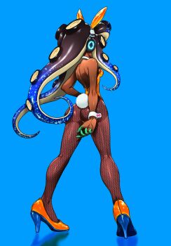 Rule 34 | 1girl, animal ears, blue background, commentary request, dark-skinned female, dark skin, from behind, headphones, high heels, highres, koharu2.5, long hair, marina (splatoon), nintendo, playboy bunny, rabbit ears, solo, splatoon (series), tentacle hair