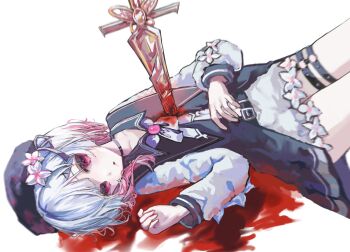 1girl belt beret black_belt black_dress black_hat bleeding blood blood_on_clothes bloody_weapon cherry_blossoms dress flower gradient_hair hair_flower hair_ornament hashtag-only_commentary hat highres holding holding_sword holding_weapon impaled injury long_sleeves looking_at_viewer lying mahou_shoujo_no_majo_saiban multicolored_hair o-ring o-ring_thigh_strap o_u_(oe_holi9) on_back pink_eyes sakuraba_ema short_hair shorts solo stab sword thigh_strap weapon white_background white_hair white_shorts x_hair_ornament