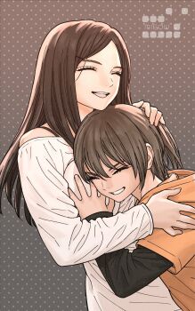 2girls brown_hair closed_eyes commentary_request highres hood hoodie hug kamimura_chika kamimura_haruka long_hair multiple_girls open_mouth rustle short_hair siblings sisters sisters_~natsu_no_saigo_no_hi~ smile