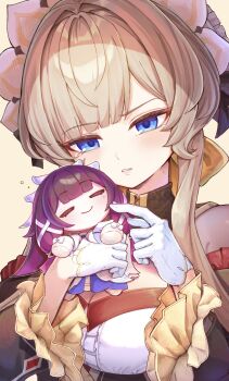1girl black_collar blue_eyes blush brown_hair center_frills character_doll collar columbina_(genshin_impact) commentary_request detached_collar detached_sleeves doll frilled_sleeves frills genshin_impact gloves hair_intakes highres holding holding_doll long_hair long_sleeves looking_at_object parted_lips sandrone_(genshin_impact) simple_background solo touji_(tozi526) upper_body watermark white_gloves white_headdress yellow_background