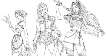 3girls bare_shoulders blunt_bangs boots bracelet braid breasts closed_mouth cowboy_shot crop_top cropped_jacket double_bun earrings fingerless_gloves fingernails gloves greyscale hair_bun halterneck highres holding holding_knife holding_polearm holding_sword holding_weapon jacket jewelry knife kpop_demon_hunters long_fingernails long_hair looking_at_viewer medium_breasts midriff miniskirt mira_(kpop_demon_hunters) monochrome multiple_earrings multiple_girls necklace parted_bangs parted_lips polearm rakusakugk rumi_(kpop_demon_hunters) shirt short_bangs shorts sidelocks single_braid single_shoulder_pad sketch skirt smile studded_jacket sword t-shirt tassel thigh_boots thighhighs throwing_knife twintails updo very_long_hair weapon white_background zettai_ryouiki zoey_(kpop_demon_hunters)