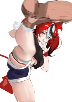 Rule 34 | 1girl, animal ear fluff, animal ears, ass, black hair, black shirt, black streaks, blue eyes, blue shorts, blush, breasts, double-parted bangs, hair between eyes, hakos baelz, hashtag-only commentary, high kick, highres, hololive, hololive english, incoming attack, incoming kick, kicking, large breasts, mouse ears, mouse tail, multicolored hair, red hair, redi (rasec asdjh), shirt, shoe soles, shoes, shorts, standing, standing on one leg, tail, thighs, thumb to mouth, thumbs up, twintails, underboob, virtual youtuber, white background, white hair, wristband