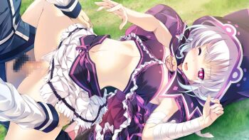 1boy 1girl animal_ears animal_hood bandaged_arm bandages bandeau bare_legs black_bandeau black_cape blush breasts cape cat_ears cat_hood clothes_lift clothing_aside day fake_animal_ears game_cg grass hair_between_eyes hetero hood hood_up hooded iris_krug long_hair long_sleeves male_pubic_hair midriff miniskirt mizunezumi navel one_eye_closed open_mouth outdoors panties panties_aside penis pleated_skirt pubic_hair re;lord_dai_san_shou red_eyes sex skirt skirt_lift small_breasts solo_focus spread_legs stomach sweatdrop underwear vaginal white_hair white_panties white_skirt