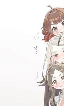 3girls ahoge blonde_hair blunt_bangs blunt_ends blush brown_eyes brown_hair closed_mouth commentary_request earrings fingernails gakuen_idolmaster gradient_hair grey_hair hair_bun hair_ornament hairclip hanami_ume hand_to_own_mouth highres idolmaster jewelry kuramoto_china laurels leaf_hair_ornament long_hair looking_at_viewer medium_hair multicolored_hair multiple_girls noko_(nowako33) notice_lines orange_eyes parallel_hairclips parted_bangs peeking_out red_hair shinosawa_hiro shirt simple_background smile sparkle star_(symbol) stud_earrings translation_request twitter_username white_background white_shirt