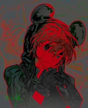 Rule 34 | 1boy, animal hat, black eyes, black gloves, black vest, commentary, gloves, green jacket, grey background, hand up, hashtag-only commentary, hat, highres, holding, holding needle, jacket, looking at viewer, male focus, mouse hat, needle, present day problem takeuchi robert, randal&#039;s friends, red hair, sewing needle, short hair, solo, soulsk, upper body, vest