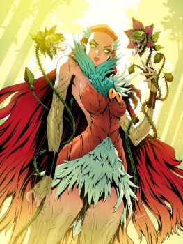 Rule 34 | 1girl, absolute batman, absolute dc, batman (series), bow, breasts, carnivorous plant, colored skin, dc comics, godtail, green eyes, green skin, hair slicked back, highres, long hair, long tongue, looking at viewer, monster girl, official art, plant, plant clothing, plant girl, poison ivy, poison ivy (absolute dc), red bow, saliva, sharp teeth, solo, teeth, thighs, thorns, tongue, very long hair, vines