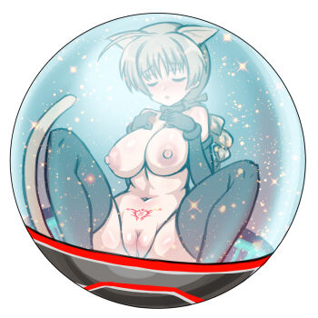 1girl animal_ears black_thighhighs blonde_hair blush braid braided_ponytail breasts cat_ears cat_girl cat_tail closed_eyes cyber_(cyber_knight) highres large_breasts long_hair lynette_bishop navel nipples nude open_mouth pussy snowball solo spread_legs strike_witches tail thighhighs world_witches_series