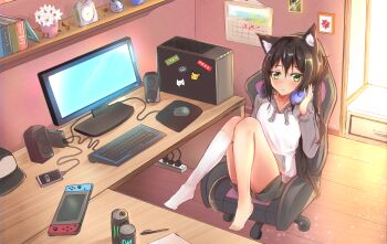1girl :3 animal_ears baseball_cap bongo_cat_(character) bongo_cat_(meme) book calendar_(object) cat_ears cat_girl cat_tail cellphone chair clock computer computer_keyboard computer_mouse computer_tower desk drawer drink electric_plug electrical_outlet external_hard_drive from_above gen_1_pokemon green_eyes hat headphones headphones_around_neck highres indoors kneehighs knees_together_feet_apart leaf lined_paper monitor nintendo nintendo_switch office_chair original phone picture_frame pikachu plant pokemon pokemon_(creature) potted_plant power_strip short_shorts shorts shuuzo3 single_kneehigh single_sock sitting smartphone socks sticker swivel_chair tagme tail unworn_hat unworn_headwear white_socks wooden_floor