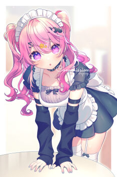1girl :o apron black_collar black_dress black_sleeves blurry blurry_background breasts collar collarbone commentary_request commission copyright_request depth_of_field detached_sleeves dress frilled_apron frills garter_straps grey_nails hair_between_eyes hair_ornament hairclip highres leaning_forward long_hair long_sleeves looking_at_viewer maid maid_apron maid_headdress medium_breasts nail_polish parted_lips pink_hair pleated_dress puffy_long_sleeves puffy_sleeves purple_eyes rinndouk skeb_commission sleeves_past_wrists solo star_(symbol) star_hair_ornament thighhighs twitter_username two_side_up very_long_hair virtual_youtuber white_apron white_thighhighs