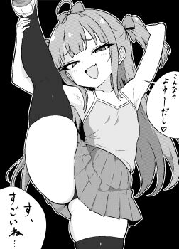 1girl absurdres ahoge armpits arms_up bare_shoulders black_background blunt_bangs blush_stickers bow camisole commentary cowboy_shot fang flat_chest furrowed_brow good_thighs_day greyscale hair_bow half-closed_eyes heart highres jamilsaga kneepits long_hair looking_at_viewer mesugaki miniskirt monochrome open_mouth original panties pantyshot simple_background skin_fang skindentation skirt smile solo speech_bubble split spoken_heart standing standing_on_one_leg standing_split thigh_focus thighhighs thighs translated tsurime two_side_up underwear