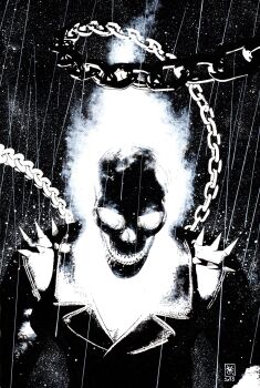 Rule 34 | 1boy, acrylic paint (medium), chain, commentary, dark, english commentary, fire, flaming head, flaming skull, ghost rider, ghost rider (series), highres, jacket, leather, leather jacket, male focus, marvel, monochrome, painting (medium), pen (medium), rain, skull, solo, spiked jacket, traditional media, upper body, valerio giangiordano