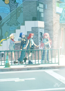 4girls alternate_costume ankle_socks black_boots black_sandals black_shirt black_skirt blonde_hair blue_hair blue_pants blush bocchi_the_rock! boots bow bowtie cable_tie_around_wrist city closed_eyes commentary_request day frilled_shirt_collar frills from_side full_body gotoh_hitori grey_jacket grey_skirt hair_between_eyes hat highres ijichi_nijika jacket kessoku_band kita_ikuyo long_hair long_skirt long_sleeves looking_at_another medium_hair multiple_girls mural one_side_up open_clothes open_jacket open_mouth outdoors pants pink_hair platform_sandals puffy_short_sleeves puffy_sleeves railing red_bow red_bowtie red_hair road road_sign sandals shirasuke_0822 shirt shoes short_sleeves side_ponytail sidelocks sidewalk sign skirt sleeveless sleeveless_jacket sleeveless_shirt socks squeans stairs traffic_cone very_long_hair walking white_hat white_shirt white_shoes yamada_ryo