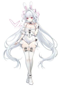 1girl ahoge animal_ears bare_shoulders blush bow bowtie breasts cleavage commentary_request fake_animal_ears fate/grand_order fate_(series) fishnet_thighhighs fishnets full_body fur_collar hair_ribbon highres lady_avalon_(fate) leotard long_hair looking_at_viewer medium_breasts merlin_(fate/prototype) playboy_bunny rabbit_ears red_eyes revision ribbon siiqa_vivi smile solo thighhighs twintails very_long_hair white_hair white_leotard white_thighhighs white_wrist_cuffs wrist_cuffs