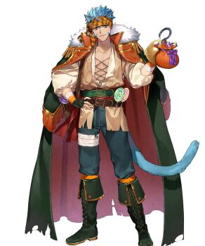 1boy animal_ears bandages belt blue_hair boots candy cat_boy cat_ears cat_tail coat facial_mark fire_emblem fire_emblem:_path_of_radiance fire_emblem:_radiant_dawn fire_emblem_heroes food fur-trimmed_coat fur_trim green_eyes hand_on_own_hip headband highres hook hook_hand looking_at_viewer nintendo non-web_source official_art open_clothes open_shirt pirate ranulf_(considerate_gaze)_(fire_emblem) ranulf_(fire_emblem) ranulf_(halloween)_(fire_emblem) smile solo tachi-e tail transparent_background