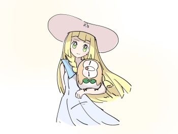 01koooiocha17 1girl blonde_hair braid closed_mouth commentary dress gen_7_pokemon green_eyes hat highres lillie_(pokemon) long_hair looking_at_viewer nintendo pokemon pokemon_(creature) pokemon_on_arm pokemon_sm rowlet sleeveless sleeveless_dress smile symbol-only_commentary twin_braids white_background white_dress white_hat