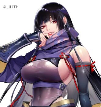 1girl bare_legs bare_shoulders black_hair breasts covered_navel curvy earrings hachiya_yukimura highleg highleg_leotard holding hoop_earrings jewelry kwata_kuwa large_breasts leotard lilith-soft long_hair looking_at_viewer multicolored_leotard parted_lips purple_leotard red_eyes revealing_clothes scarf shiny_skin smile taimanin_(series) taimanin_rpgx taimanin_suit thong_leotard two-tone_leotard very_long_hair white_background wide_hips