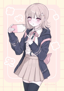 1girl animal_bag artist_name blush breasts brown_hair brown_skirt cat_bag collared_shirt commentary_request danganronpa_(series) danganronpa_2:_goodbye_despair flipped_hair hair_ornament handheld_game_console highres holding holding_handheld_game_console hood jacket long_sleeves looking_at_viewer medium_hair miniskirt nanami_chiaki neck_ribbon open_clothes open_jacket pink_bag pink_eyes pink_ribbon ribbon shirt skirt solo thighhighs two-tone_shirt white_shirt yechi_bi