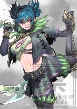 Rule 34 | 1girl, asymmetrical underboob, breasts, large breasts, midriff, namco, navel, revealing clothes, rosie rosie, solo, soul calibur, soulcalibur, soulcalibur vi, tira (soulcalibur)