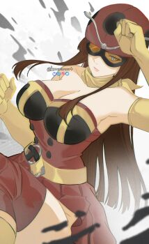 1girl absurdres bare_shoulders breasts cleavage dress elbow_gloves electro_wave_human_tackle gloves helmet highres knowname long_hair looking_at_viewer okada_yuriko red_dress red_thighhighs solo thighhighs toujima_tanzaburou_wa_kamen_rider_ni_naritai yellow_gloves