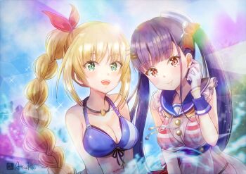 Rule 34 | 2girls, :d, asukamama89, bikini, blonde hair, blue bikini, blue sailor collar, blunt bangs, blush, bow, braid, braided ponytail, breasts, brown eyes, cleavage, closed mouth, collarbone, commentary request, day, dress, frills, front-tie bikini top, front-tie top, gloves, green eyes, hair bow, hair ornament, hair ribbon, hairclip, hand up, hat, heaven burns red, highres, jewelry, kanzaki adelheid, large breasts, lens flare, long hair, looking at viewer, medium breasts, mini hat, multi-tied hair, multiple girls, navel, necklace, open mouth, outdoors, ponytail, purple hair, red bow, red eyes, red ribbon, ribbon, sailor bikini, sailor collar, sailor dress, sailor hat, satsuki mari, sidelocks, single braid, smile, striped bikini, striped clothes, sunlight, swimsuit, twintails, upper body, very long hair, water, wrist cuffs