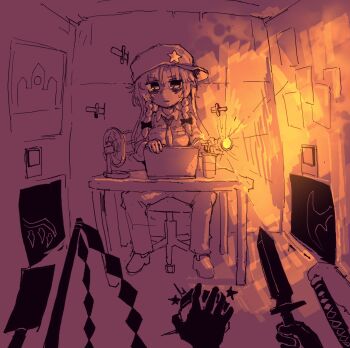 Rule 34 | 5girls, alternate costume, alternate headwear, baseball cap, bat wings, braid, chair, collared shirt, computer, contemporary, crystal wings, electric fan, five nights at freddy's, flandre scarlet, flashlight, gohei, hakurei reimu, hat, hat ornament, highres, holding, holding flashlight, holding knife, hong meiling, izayoi sakuya, katana, kirisame marisa, knife, kochiya sanae, laptop, long hair, mini-hakkero, monochrome, multiple girls, necktie, on chair, pants, parody, rampa93, red theme, remilia scarlet, shirt, shoes, sitting, solo focus, spot color, star (symbol), star hat ornament, sweatdrop, swivel chair, sword, table, touhou, twin braids, weapon, wings