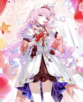 balloon blue_eyes blue_hair bow bubble chain collar commentary curly_hair curly_sidelocks denia_(wuthering_waves) frilled_sleeves frills fur_trim gem gloves hair_ornament hand_on_own_hip headband highres jewelry lami889422 multicolored_hair pink_hair red_gloves ring stuffed_animal stuffed_toy tassel two-tone_hair untranslatable_commentary wuthering_waves