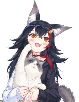 Rule 34 | 1girl, absurdres, animal, animal ear fluff, animal ears, animal hug, black choker, black hair, black hoodie, blush, cat, choker, commentary request, double-parted bangs, fang, flipped hair, hair ornament, hairclip, highres, holding, holding animal, hololive, hood, hoodie, long hair, long sleeves, looking at viewer, official alternate costume, ookami mio, ookami mio (hoodie), playing with animal, red streaks, sidelocks, simple background, single hair streak, skin fang, solo, spiked hair, taiga (ookami mio), transparent background, traveler (artbbt), two-tone hoodie, upper body, virtual youtuber, white hoodie, wolf ears, yellow eyes