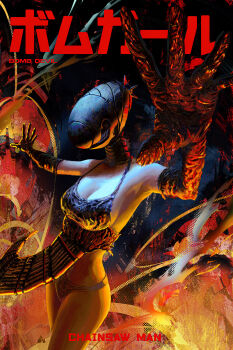 1girl apron black_apron black_gloves bomb_devil_(chainsaw_man) breasts chainsaw_man character_name copyright_name dynamite elbow_gloves explosive flowersbloodart gloves grey_panties highres large_breasts object_head outstretched_arms panties solo underwear