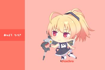 1girl ahoge ando_tazusa assault_lily black_skirt blonde_hair c-chrone chibi chibi_only closed_mouth commentary_request eyelashes full_body holding holding_weapon long_hair pink_background ponytail red_eyes school_uniform skirt smile solo suspenders weapon yurigaoka_girls_academy_school_uniform