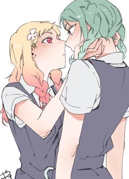 2girls aqua_hair bad_id bad_pixiv_id blonde_hair blush braid closed_mouth dress eye_contact grey_dress highres incest looking_at_another love_live! love_live!_superstar!! multiple_girls neck_ribbon onitsuka_natsumi onitsuka_tomari red_eyes red_ribbon ribbon school_uniform shirt siblings simple_background sisters surfacedxxc twin_braids white_background white_shirt yuigaoka_school_uniform yuri
