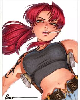 1girl belt black_lagoon black_tank_top breasts brown_belt cigarette crop_top denim denim_shorts gun handgun highres holster holstered large_breasts lips long_hair midriff navel omar_dogan parted_bangs ponytail red_hair revy_(black_lagoon) shorts shoulder_tattoo simple_background tank_top tattoo weapon white_background yellow_eyes