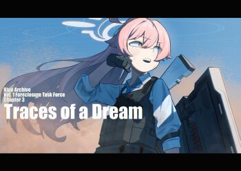 1girl absurdres ahoge ammunition arm_shield ballistic_shield black_gloves blast-7 blue_archive blue_eyes blue_necktie blue_sky bright_pupils bulletproof_vest chest_holster collared_shirt commentary_request dirty dirty_face english_text gloves gun gun_on_back halo handgun heterochromia highres hoshino_(armed)_(blue_archive) hoshino_(blue_archive) letterboxed long_hair looking_to_the_side necktie official_alternate_costume open_mouth orange_eyes outdoors pink_hair ponytail ring_of_light_(blue_archive) sand shield shirt shotgun shotgun_shell sideways_glance sky sleeves_rolled_up solo upper_body weapon weapon_on_back white_pupils white_shirt wiping_face