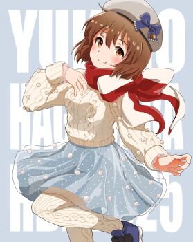 argyle_clothes argyle_socks argyle_sweater beret blue_ribbon blue_shoes blush bob_cut bow brown_eyes brown_hair character_name commentary_request english_text eyelashes grey_background grey_skirt hagiwara_yukiho happy_birthday hat hat_ribbon highres idolmaster idolmaster_(classic) idolmaster_million_live! idolmaster_million_live!_theater_days inverted_bob layered_skirt leg_up long_sleeves looking_at_viewer pom_pom_(clothes) red_scarf ribbon ryubii_(pokespruby) scarf scarf_bow see-through_skirt_layer shoes short_hair skirt smile socks sweater thighhighs white_hat white_socks white_sweater winter_clothes