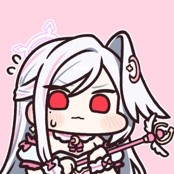 1girl bare_shoulders blue_archive blush_stickers chibi chibi_only commentary_request crescent crescent_hair_ornament detached_sleeves earrings hair_ornament half_updo halo head_wings holding holding_wand jazz_jack jewelry long_hair lowres magical_girl mole mole_under_eye multicolored_hair neck_ribbon nervous pink_background pink_hair pink_halo pink_ribbon red_eyes ribbon single_hair_intake single_head_wing solo star_(symbol) star_earrings streaked_hair suzumi_(blue_archive) suzumi_(magical)_(blue_archive) very_long_hair wand white_hair wings