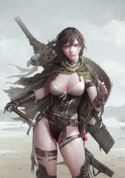1girl armband bare_hips belt bird blue_eyes breasts brooch brown_hair buckle cape choker cleavage contrapposto corset cowboy_shot cross-laced_clothes day desert dongho_kang eagle fantasy female_focus gauntlets groin hairband hand_on_hilt highleg highres holding holding_strap jewelry large_breasts leather lips long_hair looking_at_viewer messy_hair open_mouth original outdoors paper parted_lips potion realistic scabbard scroll sheath sheathed shield single_gauntlet skin_tight sky sleeveless solo standing strap sword thigh_strap thighhighs torn_cape torn_clothes underbust vial weapon wind wrist_cuffs