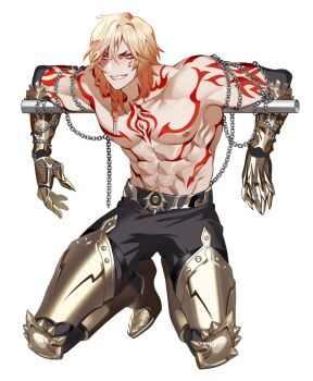 1boy abs arm_tattoo blonde_hair braid chain chest_tattoo clawed_gauntlets facial_tattoo gluteal_fold gradient_hair highres honkai:_star_rail honkai_(series) kneeling male_focus medium_hair multicolored_hair multiple_tattoos muscular muscular_male mydei_(honkai:_star_rail) neck_tattoo nipples pectorals pogogu red_hair red_tattoo side_braid simple_background single_braid smile solo tattoo teeth topless_male white_background
