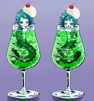 2boys black_eyes blue_hair blue_hawaii blue_skin brothers cherry chibi colored_skin cup drinking_glass eel_boy fins floyd_leech floyd_leech_(eel) food fruit full_body head_fins heterochromia highres in_food jade_leech jade_leech_(eel) looking_at_viewer male_focus mini_person miniboy monster_boy multiple_boys partially_submerged pi_(user_rjnf3523) purple_background short_hair siblings simple_background twins twisted_wonderland wine_glass yellow_eyes