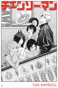 300beans666 5girls brain chainsaw_man cosmo_(chainsaw_man) dangling_eye demon_horns exposed_brain eyepatch greyscale hair_over_one_eye highres horns jacket long_(chainsaw_man) long_hair low_twintails medium_hair monochrome multiple_girls pingtsi_(chainsaw_man) ponytail quanxi_(chainsaw_man) spot_color stitched_mouth stitches sweater tsugihagi_(chainsaw_man) twintails