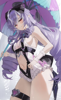 1girl absurdres ass black_bow blush bow bowtie breasts clothing_cutout commentary_request drill_hair frilled_wrist_cuffs frills from_side hair_bow heart_cutout highres holding holding_umbrella k.j. long_hair looking_at_viewer mole mole_under_eye multicolored_umbrella navel official_alternate_costume one-piece_swimsuit pink_bow pink_umbrella plant pointy_ears purple_bow purple_bowtie purple_hair purple_nails red_eyes see-through_clothes sideboob_cutout solo standing stomach stomach_cutout swimsuit teeth thigh_strap two-tone_one-piece_swimsuit umbrella vivian_banshee vivian_banshee_(iris_of_the_shore) white_background wrist_cuffs zenless_zone_zero