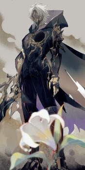 Rule 34 | 1boy, antenna hair, armored boots, black cloak, black pants, boots, chinese commentary, clawed gauntlets, cloak, commentary request, flame reaver of the deepest dark, highres, holding, holding sword, holding weapon, honkai: star rail, honkai (series), hood, hooded cloak, male focus, mask, mississipping, pants, phainon (honkai: star rail), short hair, solo, sword, weapon, white hair, white lily