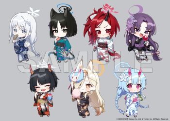 6+girls absurdly_long_hair animal_ears arm_up black_hair black_kimono blonde_hair blue_archive blue_hair bottle braid brown_eyes candy_apple cat_ears cat_girl cat_tail character_mask chibi chise_(blue_archive) colored_eyelashes commentary_request cotton_candy cup disposable_cup floral_print flower food grey_background grey_eyes grey_hair hair_flower hair_ornament hair_over_one_eye halo highres holding holding_bottle holding_cup holding_food holding_spoon horns japanese_clothes kaho_(blue_archive) kikyou_(blue_archive) kimono leaf_print long_hair low-tied_long_hair low_twintails mask mask_on_head multiple_girls multiple_tails nagusa_(blue_archive) niya_(blue_archive) obi official_art oni parted_bangs print_kimono purple_eyes purple_flower purple_hair purple_rose ramune red_eyes red_hair renge_(blue_archive) rose sample_watermark sash shaved_ice short_eyebrows short_hair simple_background single_horn skewer spoon tail thick_eyebrows twin_braids twintails two_tails very_long_hair watermark white_flower white_kimono yamabukiiro yukari_(blue_archive)