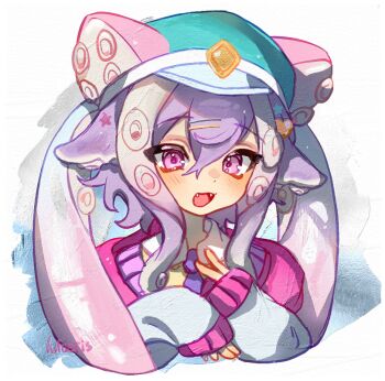 1girl animal_ears aqua_hat blush cloud_(lufaeris) cropped_shoulders double-parted_bangs fangs hair_between_eyes hair_ornament hairclip hands_up hat highres jacket long_hair long_sleeves looking_at_viewer open_mouth original parallel_hairclips pink_eyes pink_jacket purple_hair sleeves_past_wrists smile solo tentacle_hair v