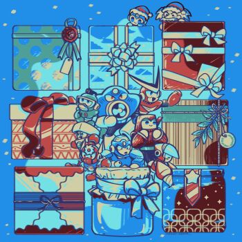 6+boys air_man blue_background blue_eyes bubble_man christmas commentary crash_man dr._wily_(mega_man) flash_man hat heat_man highres humanoid_robot laser-lance looking_at_another mega_man_(character) mega_man_(classic) mega_man_(series) mega_man_2 metal_man multiple_boys quick_man red_eyes red_headwear robot santa_hat short_hair snow white_hair wood_man