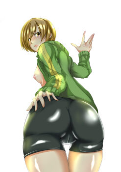 Rule 34 | 1girl, absurdres, arc system works, ass, atlus, bike shorts, blush, breasts, brown eyes, brown hair, cameltoe, deep skin, female focus, fingernails, from behind, gggg, grabbing own ass, hand on own ass, highres, hip focus, jacket, looking back, looking down, megami tensei, nail (hardware), nipples, open clothes, open jacket, open mouth, persona, persona 4, satonaka chie, sh (shogone), shadow, shin megami tensei, short hair, shorts, small breasts, solo, track jacket, wide hips