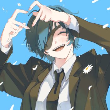 1girl ^_^ arms_up artist_name black_jacket black_necktie blue_background blush chainsaw_man closed_eyes commentary daisy_(flower) dress_shirt eyepatch facing_viewer falling_flower falling_petals fingernails flower four-finger_heart_hands green_hair heart heart_hands highres himeno_(chainsaw_man) ice_morinaka jacket long_sleeves necktie petals shirt short_hair smile solo upper_body white_shirt